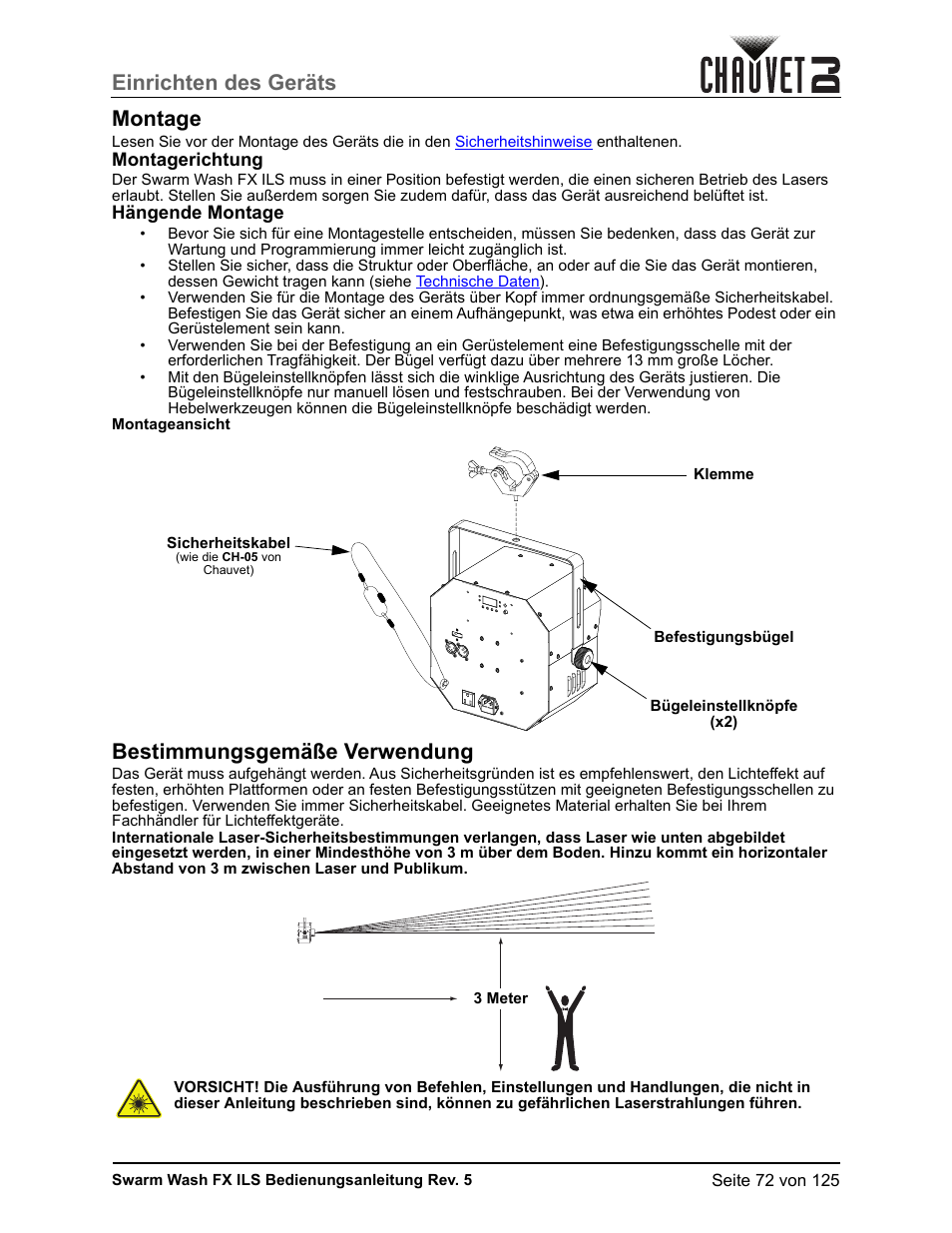 Montage, Montagerichtung, Hängende montage | Bestimmungsgemäße verwendung, Einrichten des geräts montage | CHAUVET DJ Swarm Wash FX ILS Derby, Wash, Laser, Strobe, Multi-Effects Fixture User Manual | Page 79 / 132