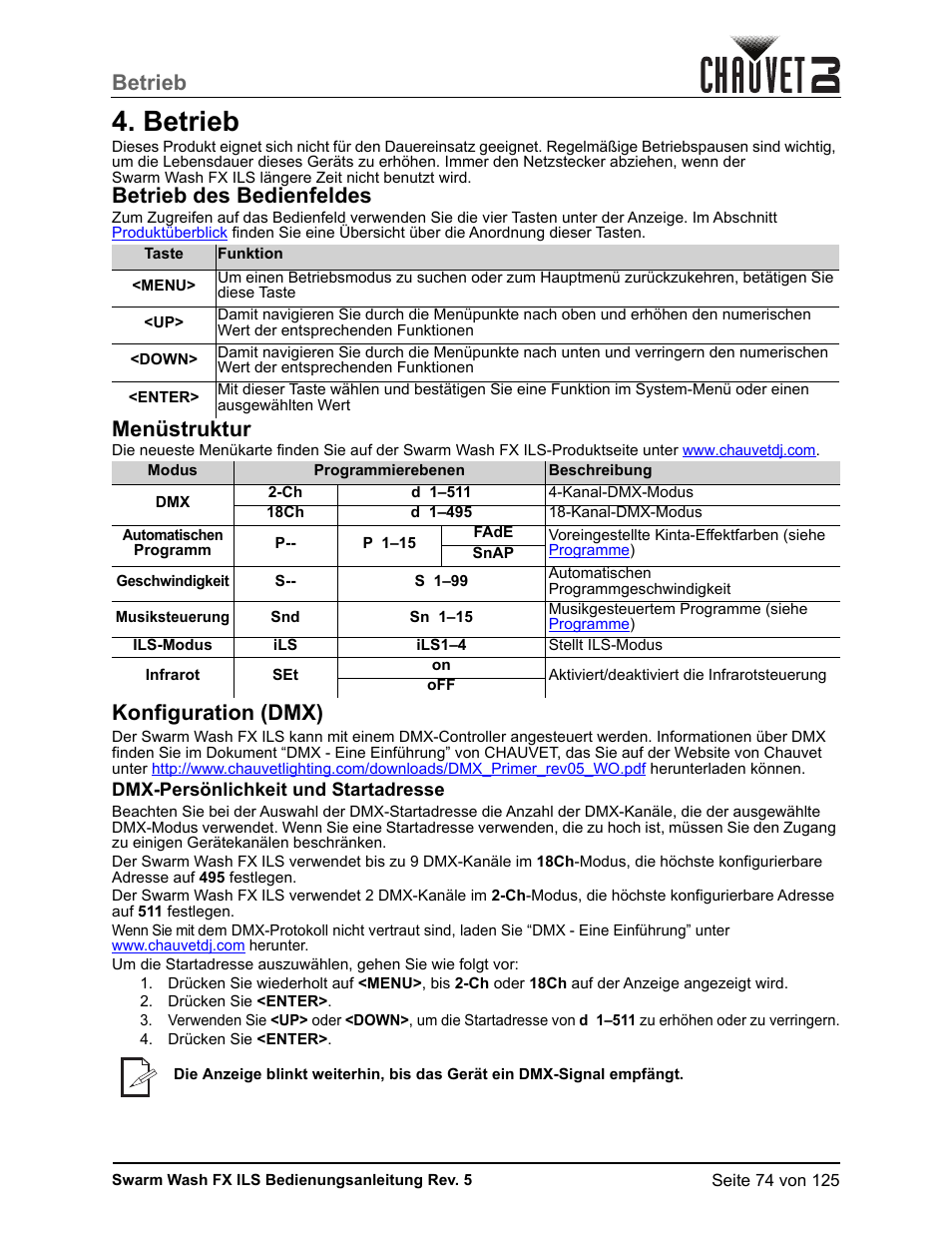 Betrieb, Betrieb des bedienfeldes, Menüstruktur | Konfiguration (dmx), Dmx-persönlichkeit und startadresse | CHAUVET DJ Swarm Wash FX ILS Derby, Wash, Laser, Strobe, Multi-Effects Fixture User Manual | Page 81 / 132