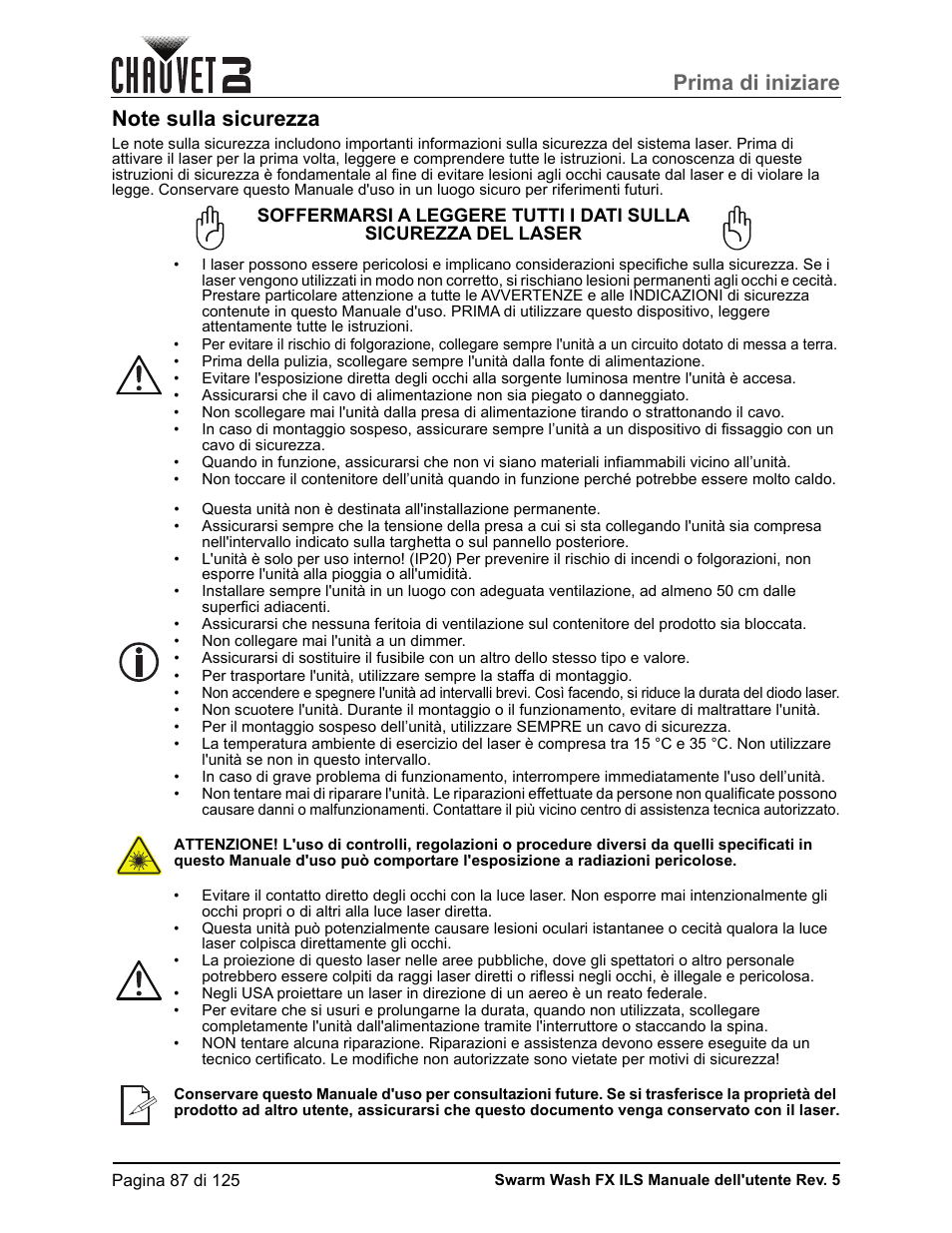 Note sulla sicurezza, Prima di iniziare | CHAUVET DJ Swarm Wash FX ILS Derby, Wash, Laser, Strobe, Multi-Effects Fixture User Manual | Page 94 / 132