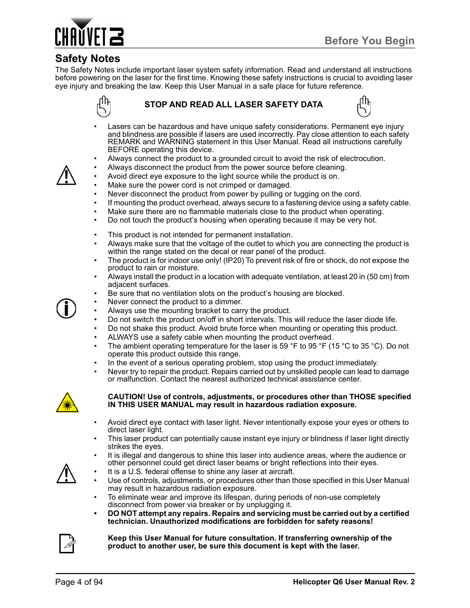 Safety notes, Before you begin | CHAUVET DJ Helicopter Q6 - Rotating Multi-Effects Light with Laser (RGBW) User Manual | Page 10 / 100