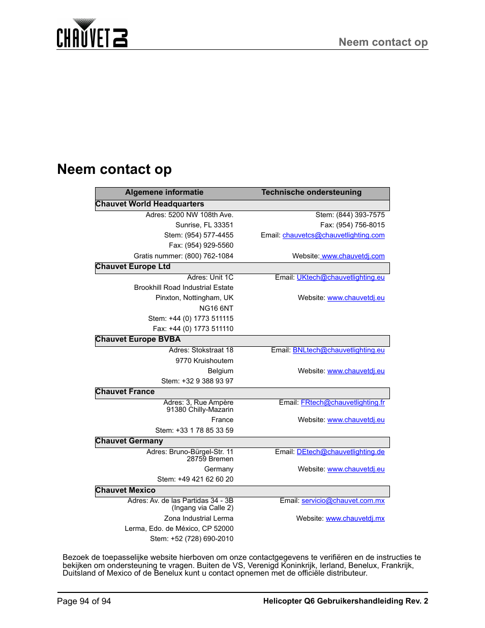 Neem contact op, 9 of 94, Of 94 | 82 of 9 | CHAUVET DJ Helicopter Q6 - Rotating Multi-Effects Light with Laser (RGBW) User Manual | Page 100 / 100