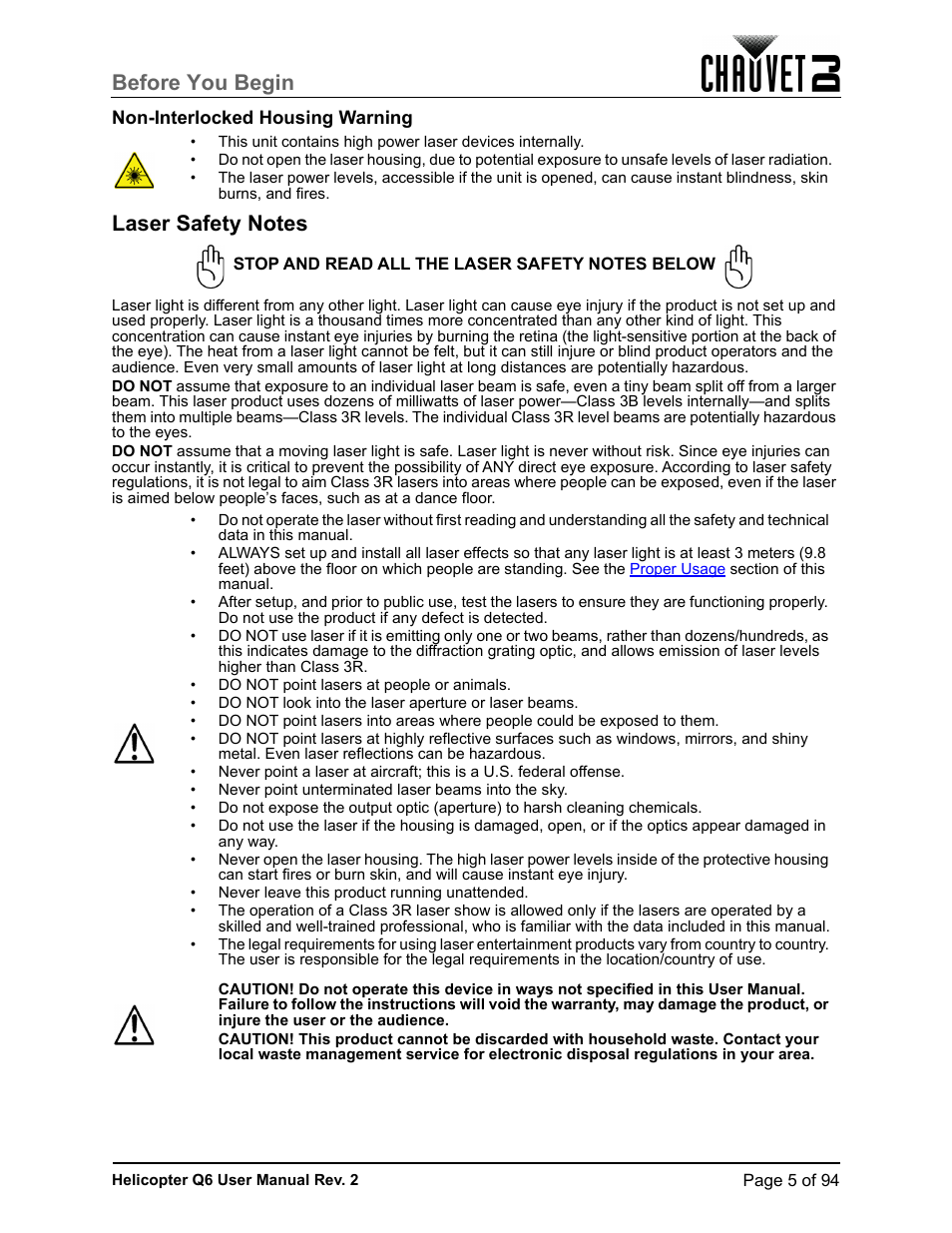 Non-interlocked housing warning, Laser safety notes, Before you begin | CHAUVET DJ Helicopter Q6 - Rotating Multi-Effects Light with Laser (RGBW) User Manual | Page 11 / 100