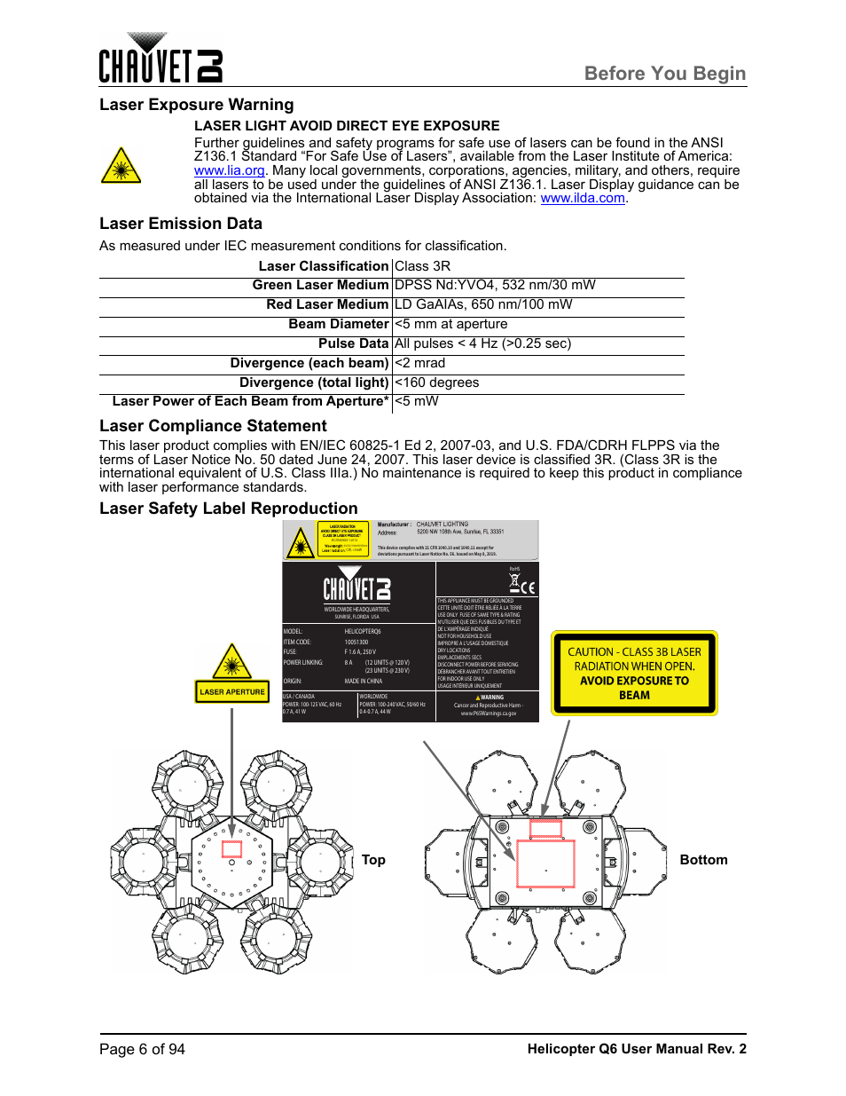 Laser exposure warning, Laser emission data, Laser compliance statement | Laser safety label reproduction, Before you begin, Laser exposure warning laser emission data, Page 6 of 94, Helicopter q6 user manual rev. 2 | CHAUVET DJ Helicopter Q6 - Rotating Multi-Effects Light with Laser (RGBW) User Manual | Page 12 / 100