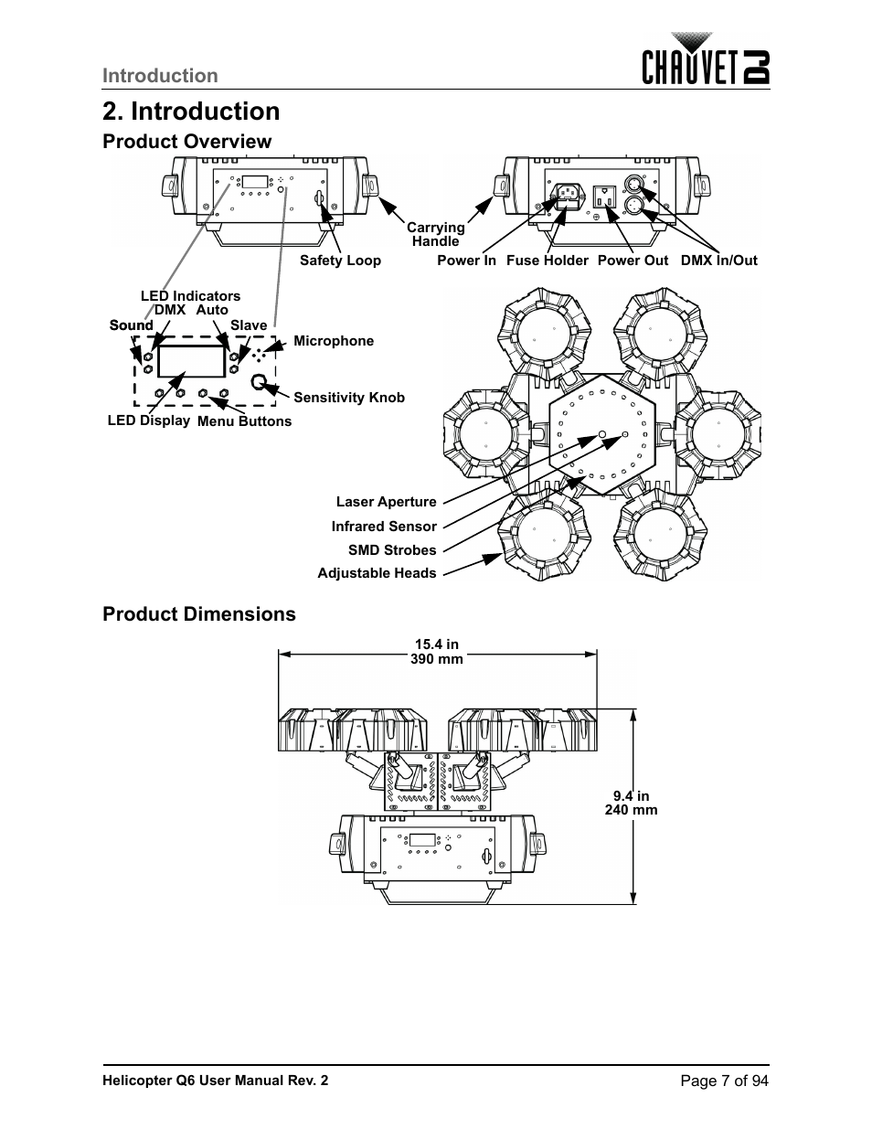 Introduction, Product overview, Product dimensions | Product overview product dimensions | CHAUVET DJ Helicopter Q6 - Rotating Multi-Effects Light with Laser (RGBW) User Manual | Page 13 / 100