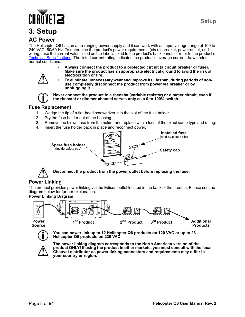 Setup, Ac power, Fuse replacement | Power linking | CHAUVET DJ Helicopter Q6 - Rotating Multi-Effects Light with Laser (RGBW) User Manual | Page 14 / 100