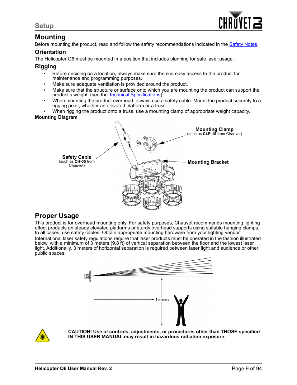 Mounting, Orientation, Rigging | Proper usage, Setup mounting | CHAUVET DJ Helicopter Q6 - Rotating Multi-Effects Light with Laser (RGBW) User Manual | Page 15 / 100