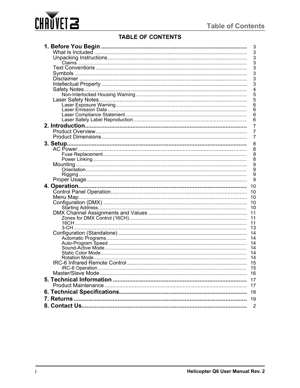 CHAUVET DJ Helicopter Q6 - Rotating Multi-Effects Light with Laser (RGBW) User Manual | Page 2 / 100