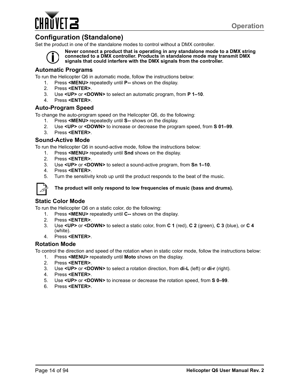 Configuration (standalone), Automatic programs, Auto-program speed | Sound-active mode, Static color mode, Rotation mode, Operation | CHAUVET DJ Helicopter Q6 - Rotating Multi-Effects Light with Laser (RGBW) User Manual | Page 20 / 100