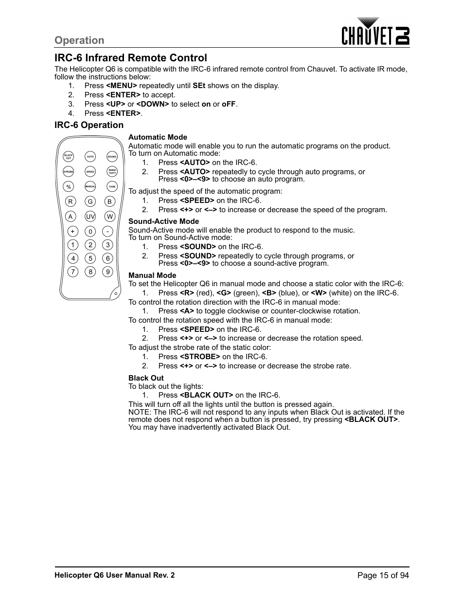 Irc-6 infrared remote control, Irc-6 operation, Operation irc-6 infrared remote control | CHAUVET DJ Helicopter Q6 - Rotating Multi-Effects Light with Laser (RGBW) User Manual | Page 21 / 100