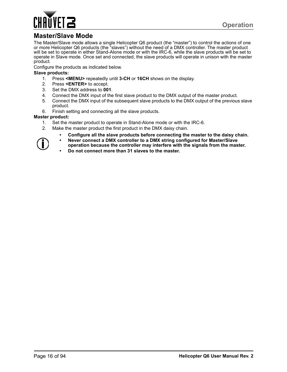 Master/slave mode, Operation | CHAUVET DJ Helicopter Q6 - Rotating Multi-Effects Light with Laser (RGBW) User Manual | Page 22 / 100