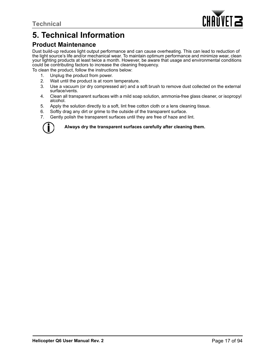Technical information, Product maintenance, Technical | CHAUVET DJ Helicopter Q6 - Rotating Multi-Effects Light with Laser (RGBW) User Manual | Page 23 / 100