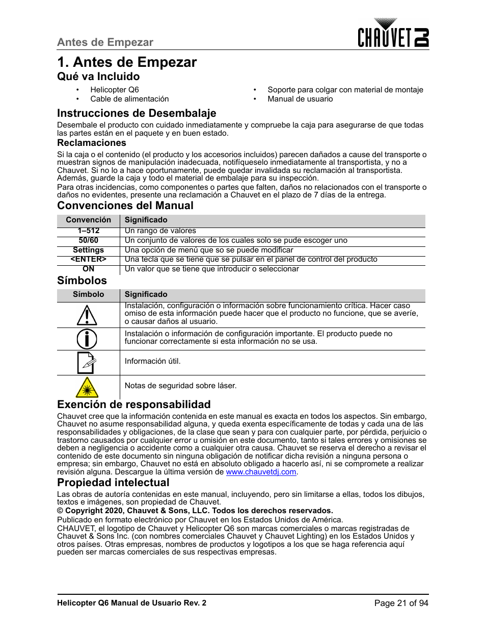 Antes de empezar, Qué va incluido, Instrucciones de desembalaje | Reclamaciones, Convenciones del manual, Símbolos, Exención de responsabilidad, Propiedad intelectual, Avant de commencer, Qué va incluido instrucciones de desembalaje | CHAUVET DJ Helicopter Q6 - Rotating Multi-Effects Light with Laser (RGBW) User Manual | Page 27 / 100