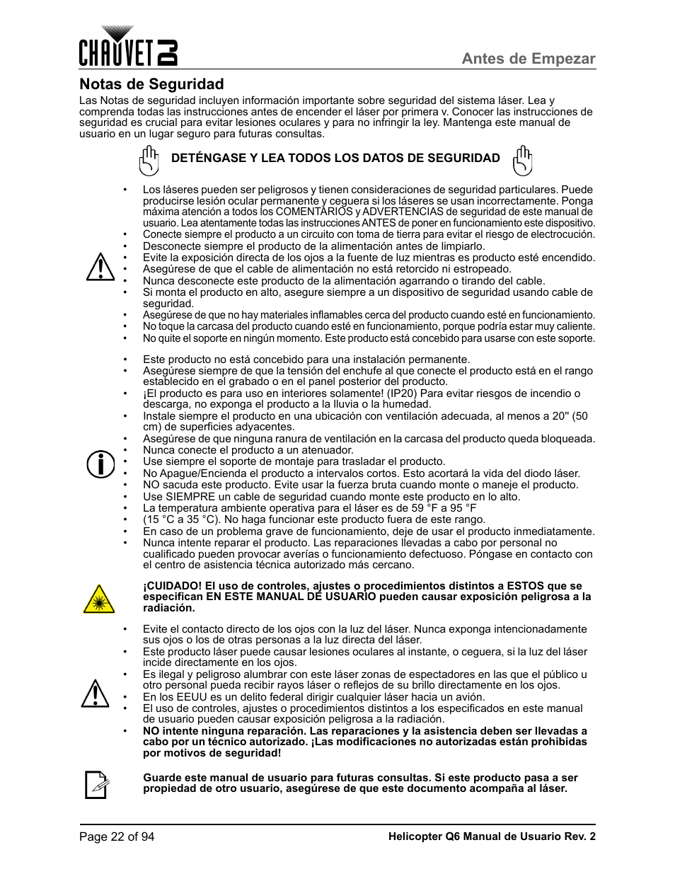 Notas de seguridad, Antes de empezar | CHAUVET DJ Helicopter Q6 - Rotating Multi-Effects Light with Laser (RGBW) User Manual | Page 28 / 100