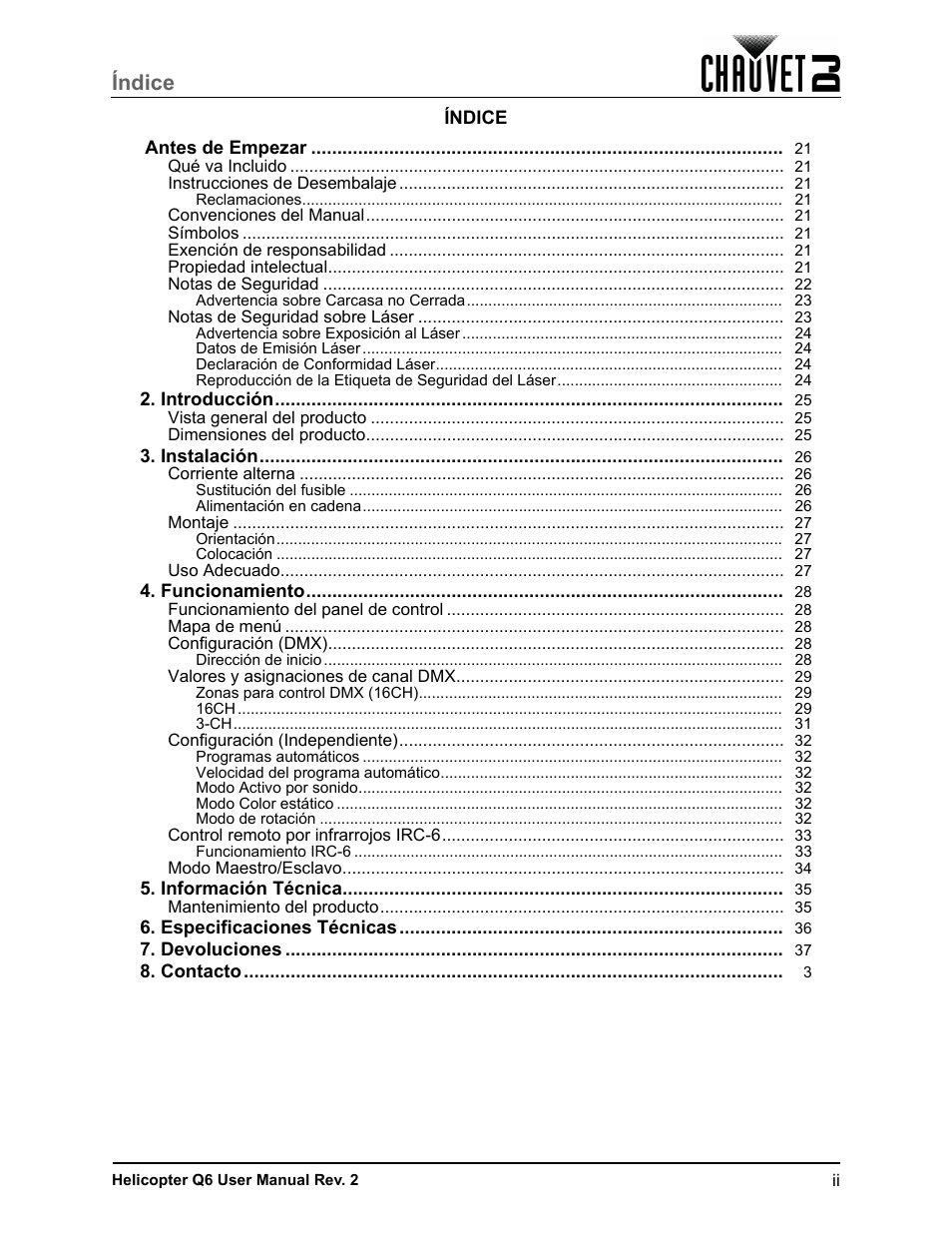 Índice | CHAUVET DJ Helicopter Q6 - Rotating Multi-Effects Light with Laser (RGBW) User Manual | Page 3 / 100