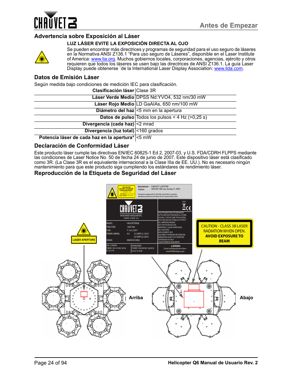 Advertencia sobre exposición al láser, Datos de emisión láser, Declaración de conformidad láser | Reproducción de la etiqueta de seguridad del láser, Antes de empezar, Page 24 of 94, Helicopter q6 manual de usuario rev. 2, Abajo arriba | CHAUVET DJ Helicopter Q6 - Rotating Multi-Effects Light with Laser (RGBW) User Manual | Page 30 / 100