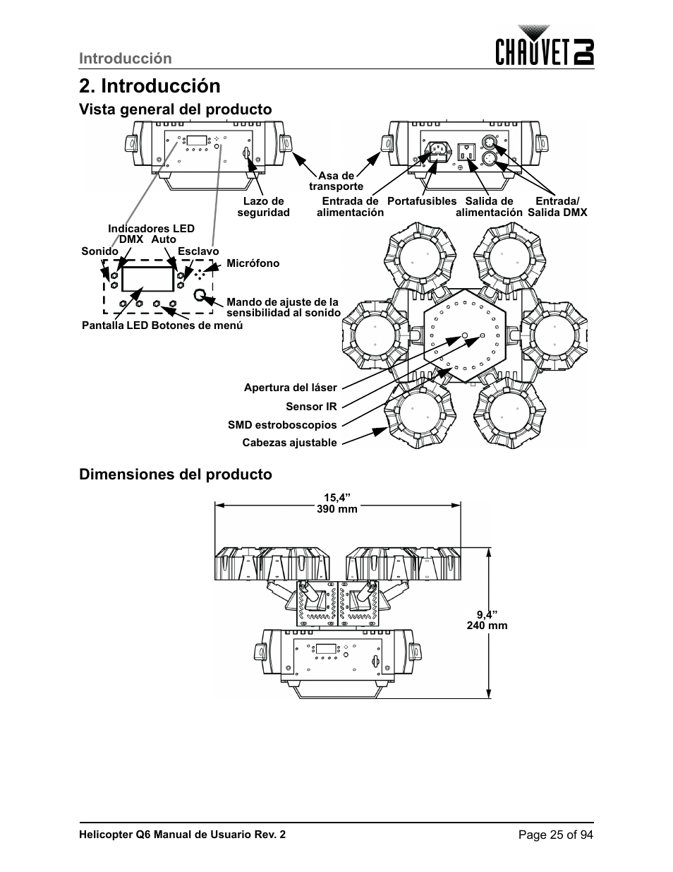 Introducción, Vista general del producto, Dimensiones del producto | CHAUVET DJ Helicopter Q6 - Rotating Multi-Effects Light with Laser (RGBW) User Manual | Page 31 / 100