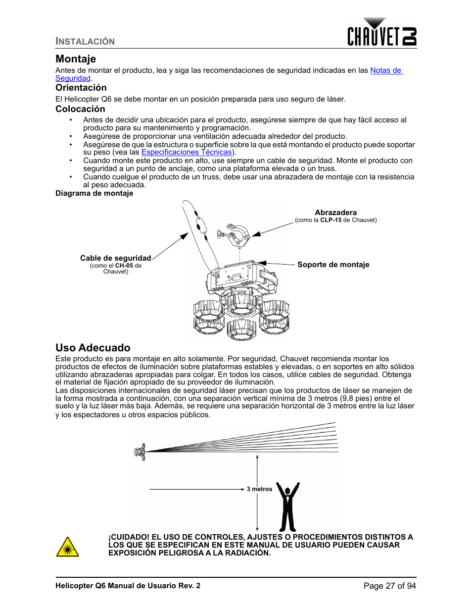 Montaje, Orientación, Colocación | Uso adecuado, De e | CHAUVET DJ Helicopter Q6 - Rotating Multi-Effects Light with Laser (RGBW) User Manual | Page 33 / 100