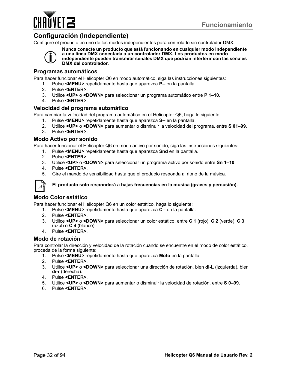 Configuración (independiente), Programas automáticos, Velocidad del programa automático | Modo activo por sonido, Modo color estático, Modo de rotación, Funcionamiento | CHAUVET DJ Helicopter Q6 - Rotating Multi-Effects Light with Laser (RGBW) User Manual | Page 38 / 100