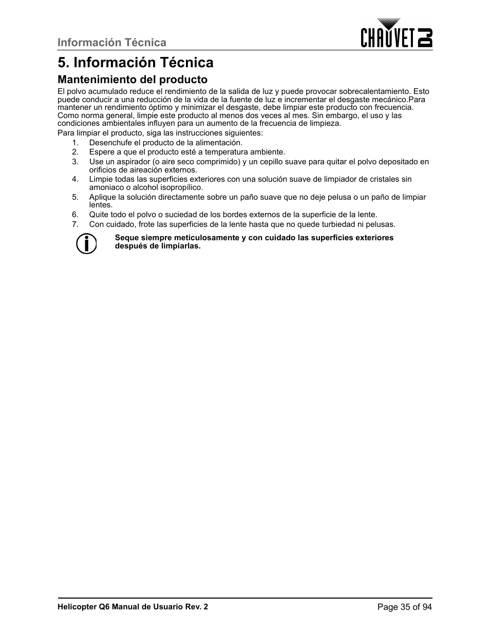 Información técnica, Mantenimiento del producto | CHAUVET DJ Helicopter Q6 - Rotating Multi-Effects Light with Laser (RGBW) User Manual | Page 41 / 100