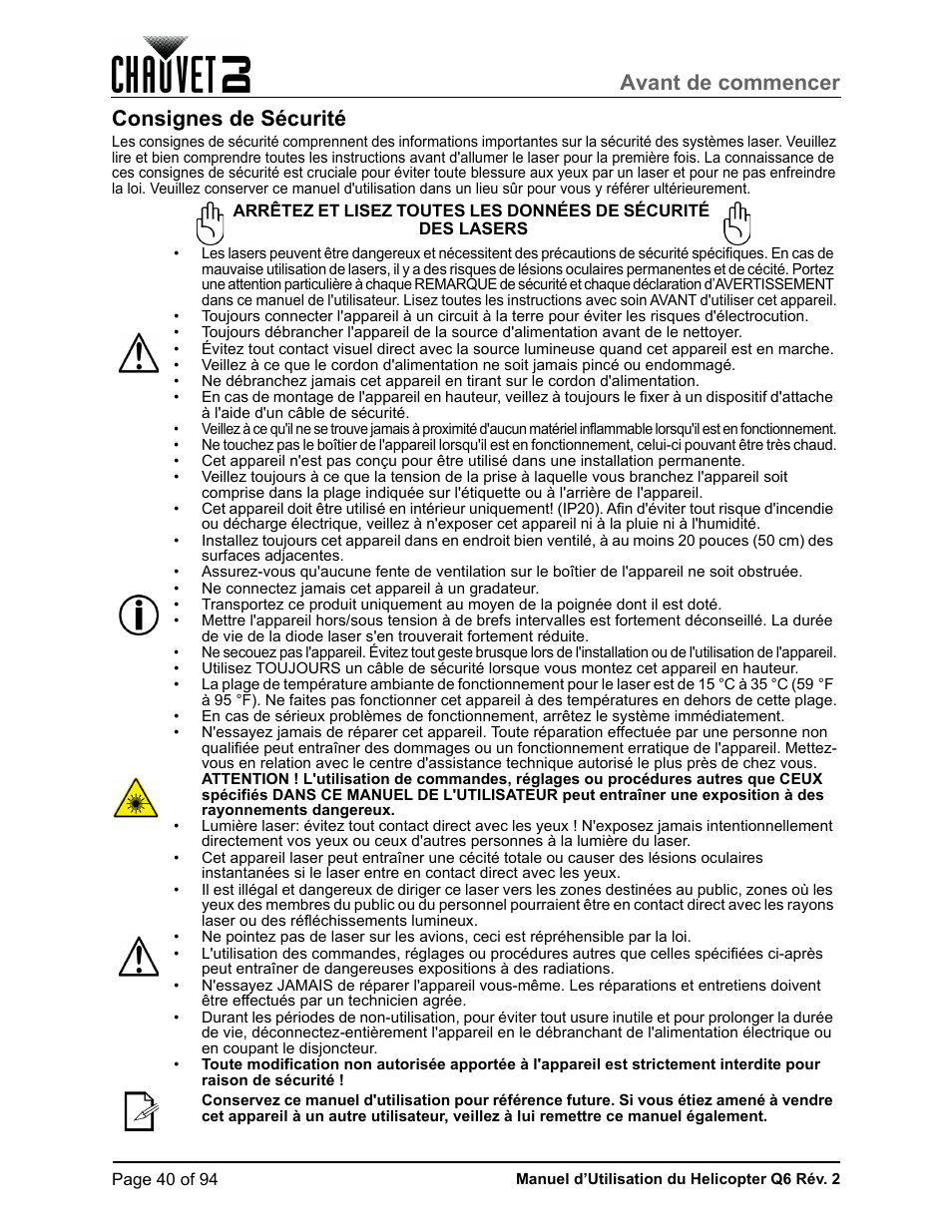 Consignes de sécurité, Avant de commencer | CHAUVET DJ Helicopter Q6 - Rotating Multi-Effects Light with Laser (RGBW) User Manual | Page 46 / 100