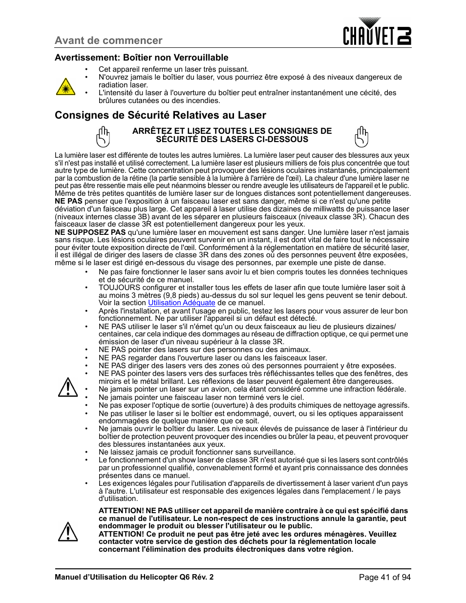 Avertissement: boîtier non verrouillable, Consignes de sécurité relatives au laser, Avant de commencer | CHAUVET DJ Helicopter Q6 - Rotating Multi-Effects Light with Laser (RGBW) User Manual | Page 47 / 100
