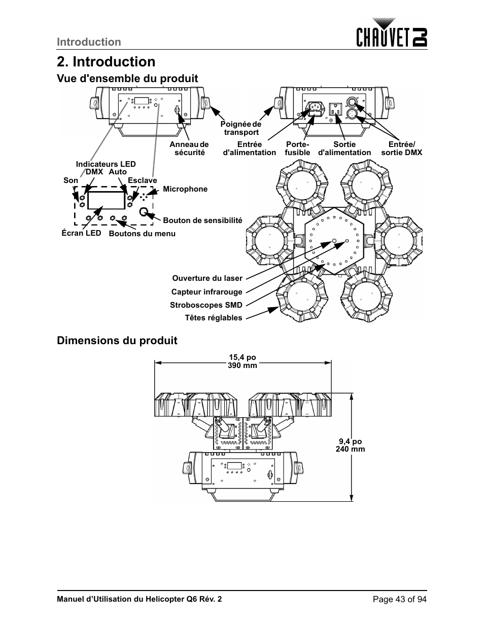 Introduction, Vue d'ensemble du produit, Dimensions du produit | Vue d'ensemble du produit dimensions du produit | CHAUVET DJ Helicopter Q6 - Rotating Multi-Effects Light with Laser (RGBW) User Manual | Page 49 / 100