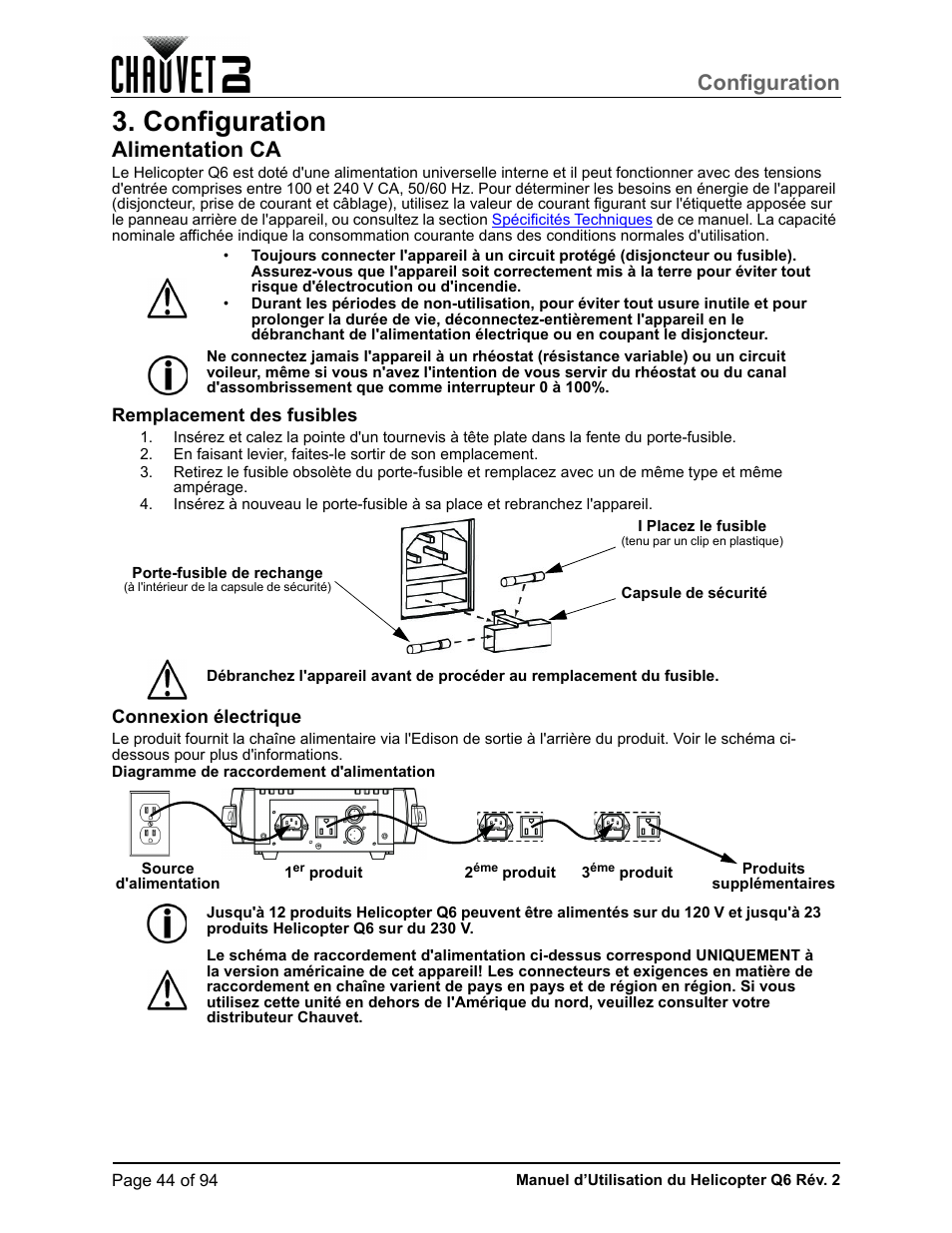Configuration, Alimentation ca, Remplacement des fusibles | Connexion électrique | CHAUVET DJ Helicopter Q6 - Rotating Multi-Effects Light with Laser (RGBW) User Manual | Page 50 / 100