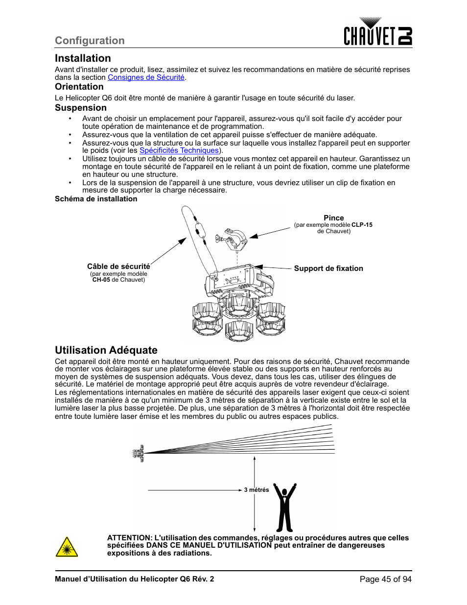 Installation, Orientation, Suspension | Utilisation adéquate, Configuration installation | CHAUVET DJ Helicopter Q6 - Rotating Multi-Effects Light with Laser (RGBW) User Manual | Page 51 / 100