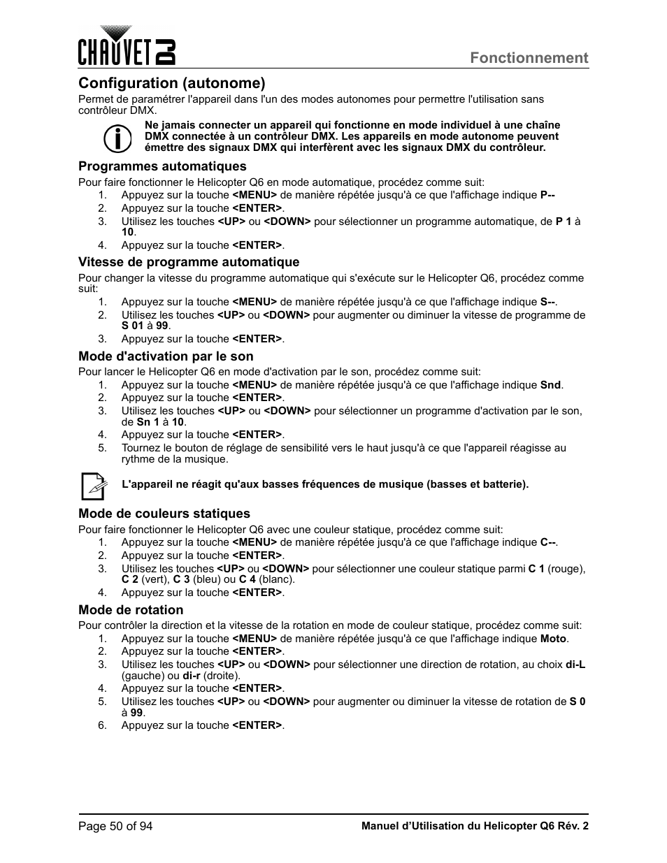 Configuration (autonome), Programmes automatiques, Vitesse de programme automatique | Mode d'activation par le son, Mode de couleurs statiques, Mode de rotation, Fonctionnement | CHAUVET DJ Helicopter Q6 - Rotating Multi-Effects Light with Laser (RGBW) User Manual | Page 56 / 100