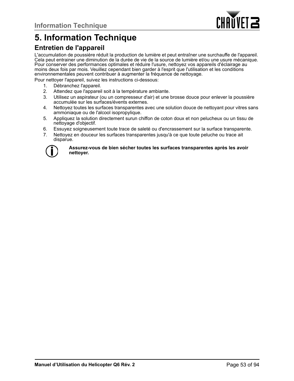 Information technique, Entretien de l'appareil | CHAUVET DJ Helicopter Q6 - Rotating Multi-Effects Light with Laser (RGBW) User Manual | Page 59 / 100