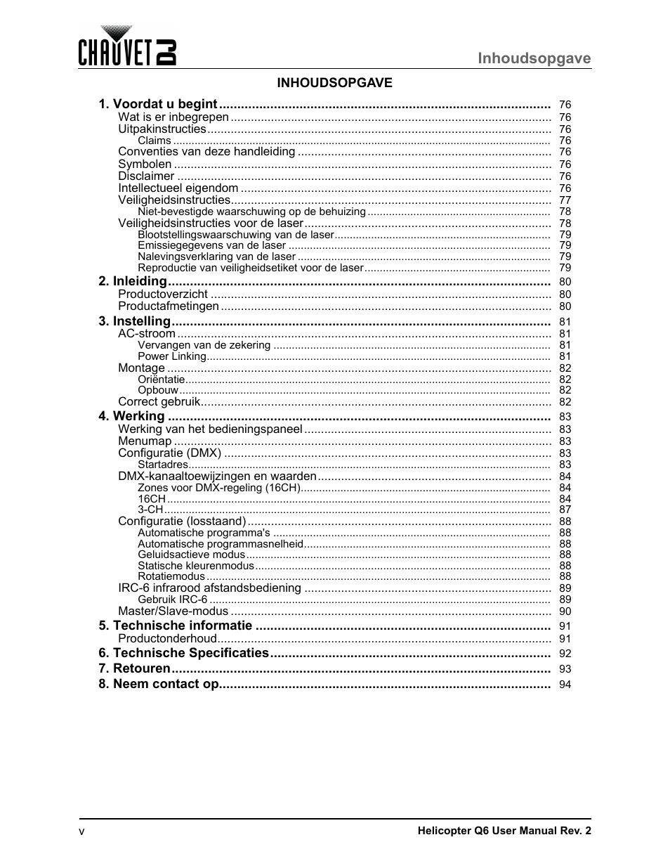 Inhoudsopgave | CHAUVET DJ Helicopter Q6 - Rotating Multi-Effects Light with Laser (RGBW) User Manual | Page 6 / 100