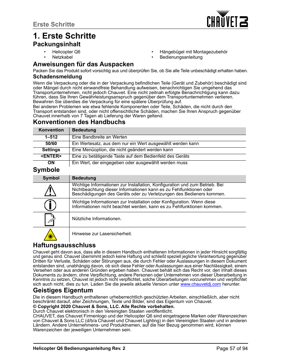 Erste schritte, Packungsinhalt, Anweisungen für das auspacken | Schadensmeldung, Konventionen des handbuchs, Symbole, Haftungsausschluss, Geistiges eigentum, Packungsinhalt anweisungen für das auspacken | CHAUVET DJ Helicopter Q6 - Rotating Multi-Effects Light with Laser (RGBW) User Manual | Page 63 / 100