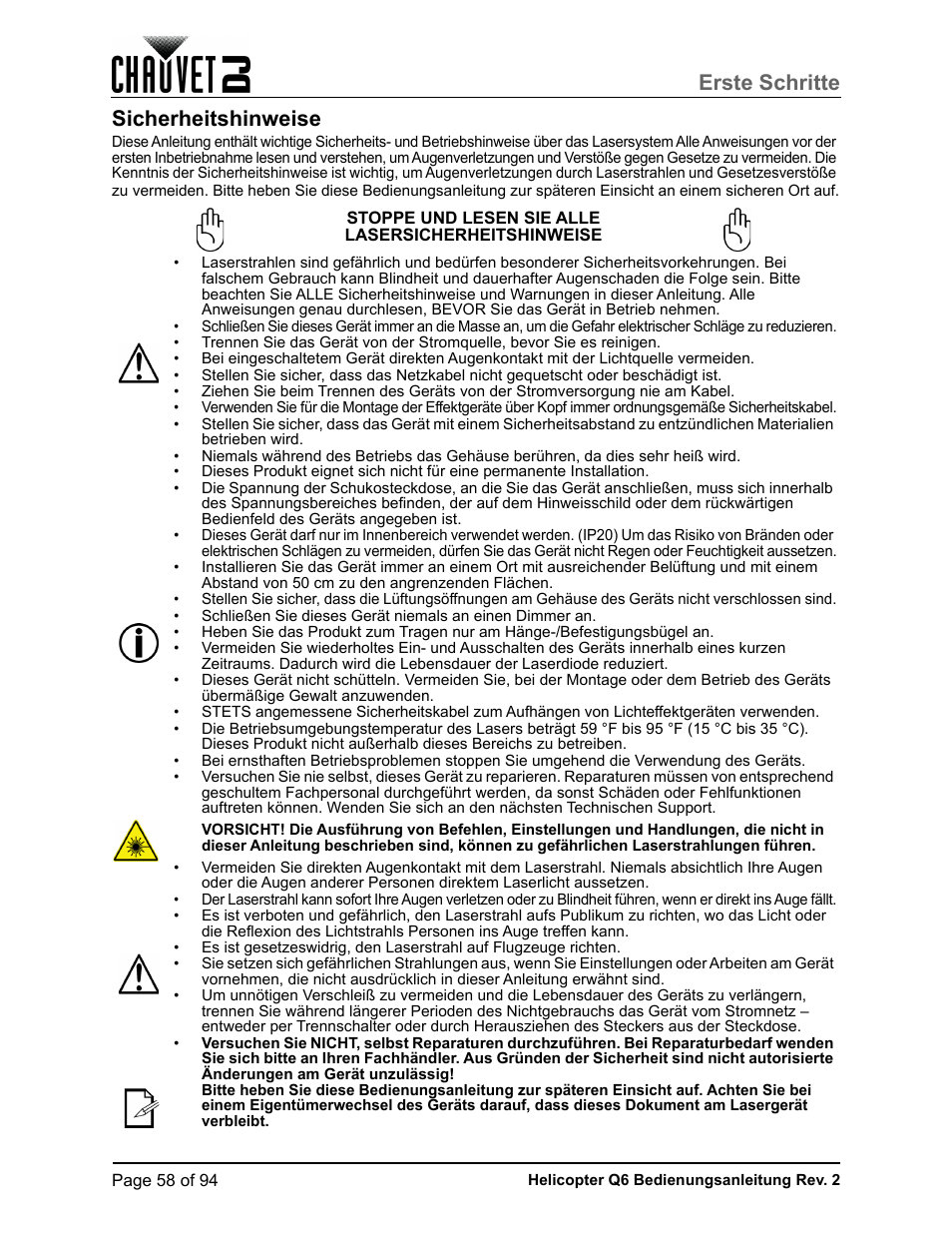 Sicherheitshinweise, Erste schritte | CHAUVET DJ Helicopter Q6 - Rotating Multi-Effects Light with Laser (RGBW) User Manual | Page 64 / 100