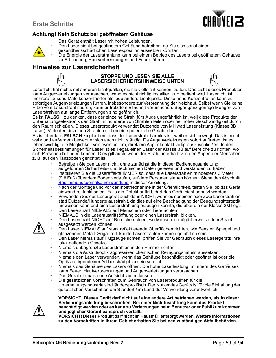 Achtung! kein schutz bei geöffnetem gehäuse, Hinweise zur lasersicherheit, Erste schritte | CHAUVET DJ Helicopter Q6 - Rotating Multi-Effects Light with Laser (RGBW) User Manual | Page 65 / 100