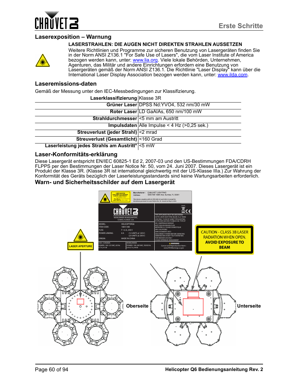 Laserexposition – warnung, Laseremissions-daten, Laser-konformitäts-erklärung | Warn- und sicherheitsschilder auf dem lasergerät, Erste schritte, Laserexposition – warnung laseremissions-daten, Page 60 of 94, Helicopter q6 bedienungsanleitung rev. 2 | CHAUVET DJ Helicopter Q6 - Rotating Multi-Effects Light with Laser (RGBW) User Manual | Page 66 / 100