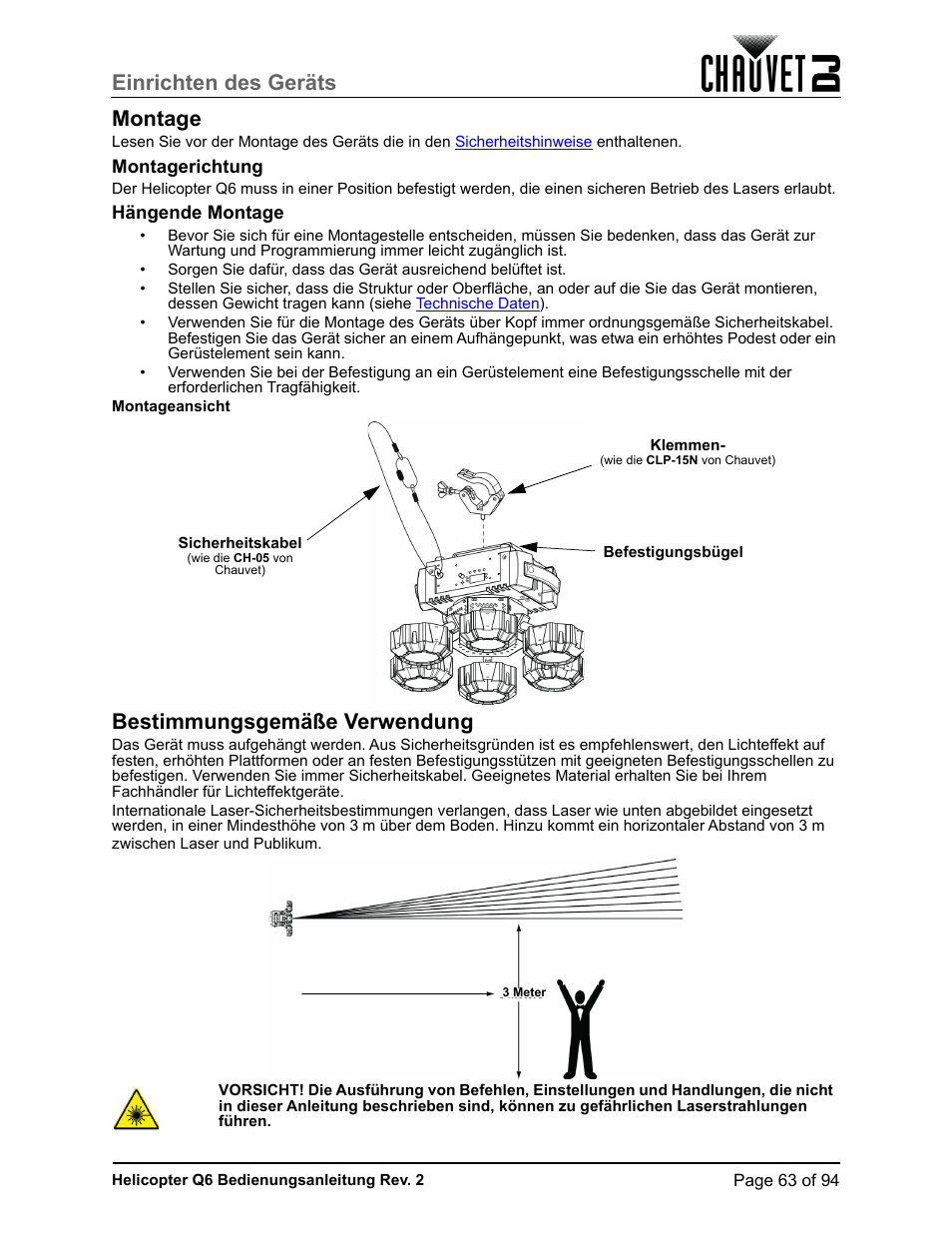 Montage, Montagerichtung, Hängende montage | Bestimmungsgemäße verwendung, Einrichten des geräts montage | CHAUVET DJ Helicopter Q6 - Rotating Multi-Effects Light with Laser (RGBW) User Manual | Page 69 / 100