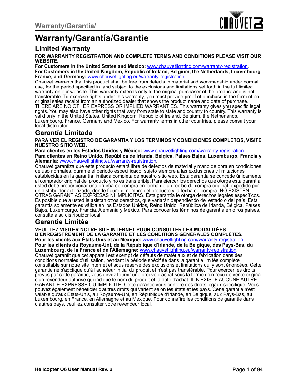Warranty/garantía/garantie, Limited warranty, Garantía limitada | Garantie limitée, Warranty/garantía | CHAUVET DJ Helicopter Q6 - Rotating Multi-Effects Light with Laser (RGBW) User Manual | Page 7 / 100