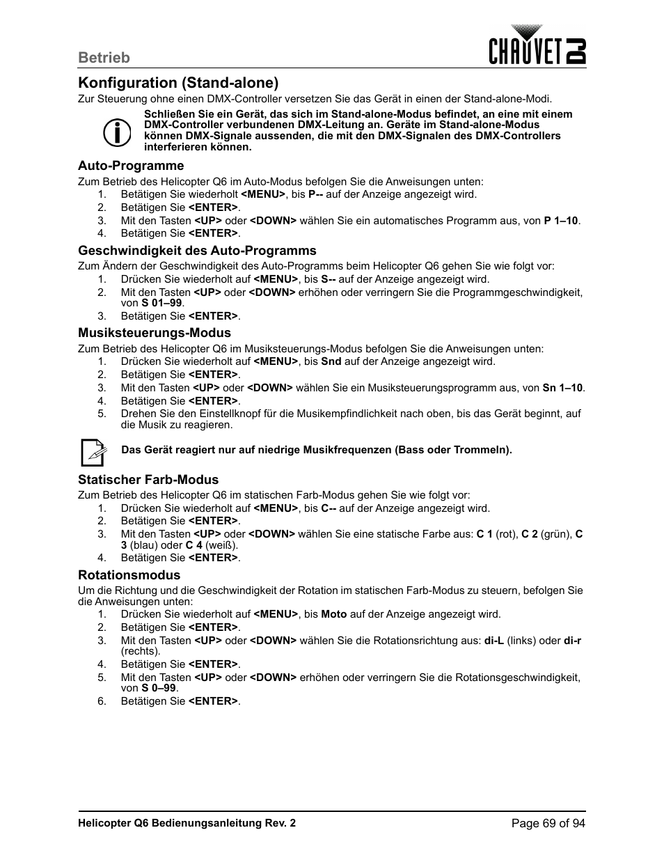 Konfiguration (stand-alone), Auto-programme, Geschwindigkeit des auto-programms | Musiksteuerungs-modus, Statischer farb-modus, Rotationsmodus, Betrieb konfiguration (stand-alone) | CHAUVET DJ Helicopter Q6 - Rotating Multi-Effects Light with Laser (RGBW) User Manual | Page 75 / 100