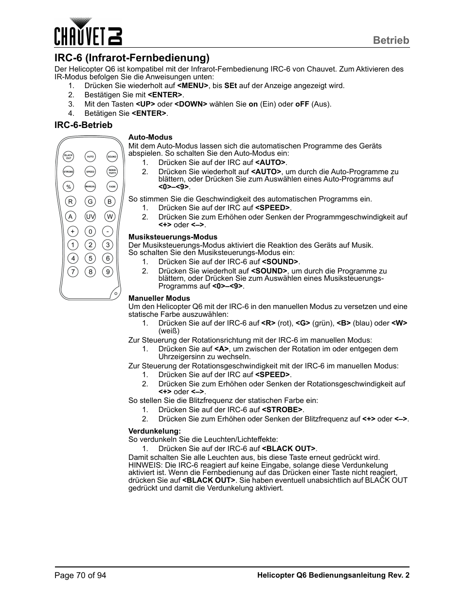 Irc-6 (infrarot-fernbedienung), Irc-6-betrieb, Betrieb | CHAUVET DJ Helicopter Q6 - Rotating Multi-Effects Light with Laser (RGBW) User Manual | Page 76 / 100