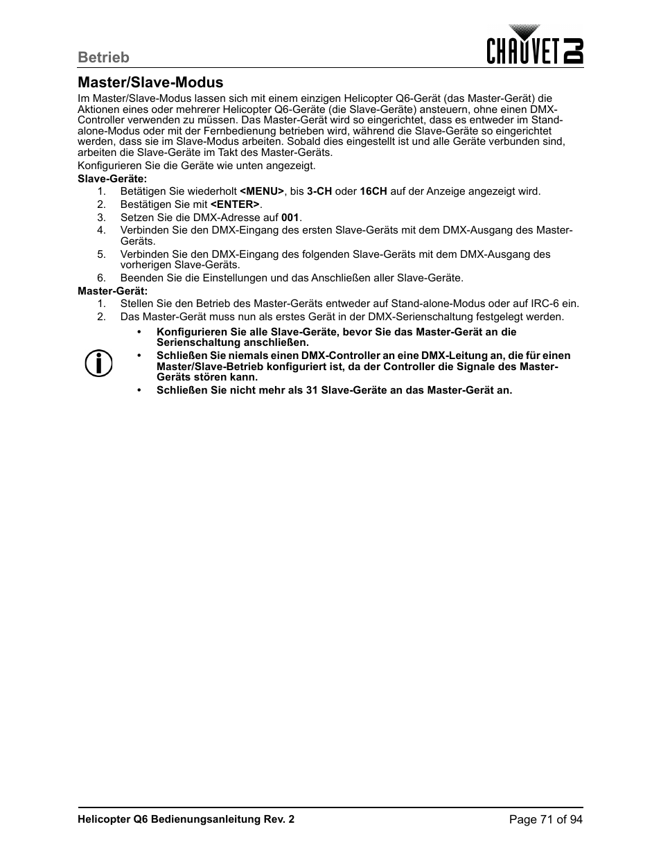 Master/slave-modus, Betrieb master/slave-modus | CHAUVET DJ Helicopter Q6 - Rotating Multi-Effects Light with Laser (RGBW) User Manual | Page 77 / 100