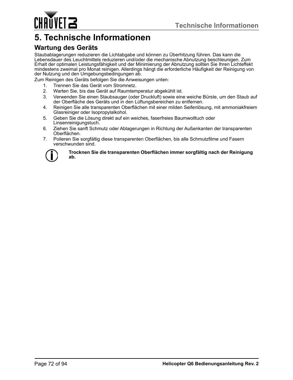 Technische informationen, Wartung des geräts | CHAUVET DJ Helicopter Q6 - Rotating Multi-Effects Light with Laser (RGBW) User Manual | Page 78 / 100