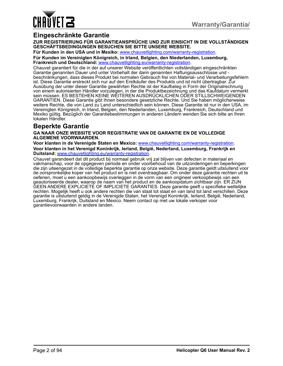 Eingeschränkte garantie, Beperkte garantie, Warranty/garantía | CHAUVET DJ Helicopter Q6 - Rotating Multi-Effects Light with Laser (RGBW) User Manual | Page 8 / 100