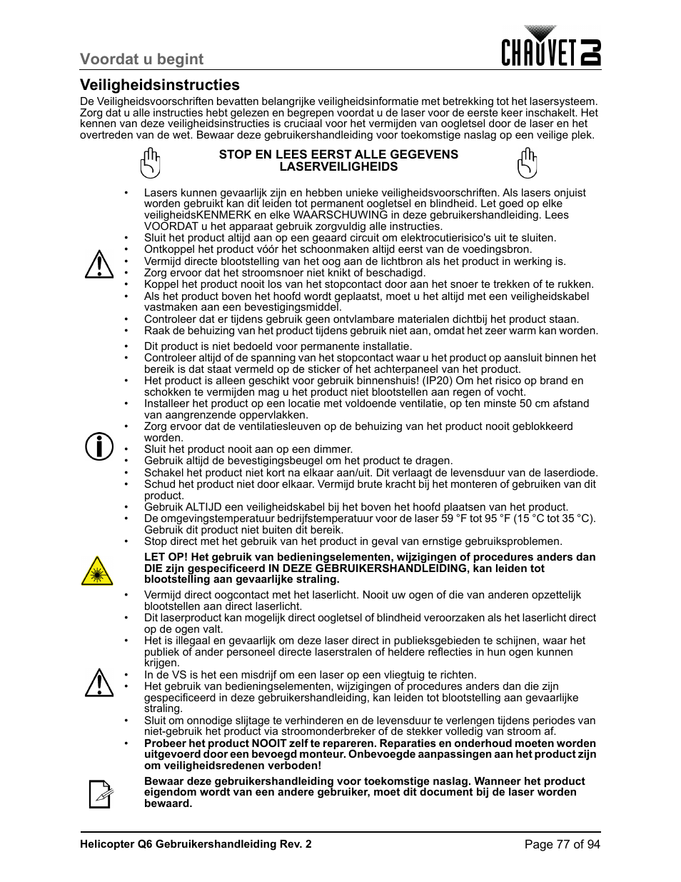 Veiligheidsinstructies, Voordat u begint veiligheidsinstructies | CHAUVET DJ Helicopter Q6 - Rotating Multi-Effects Light with Laser (RGBW) User Manual | Page 83 / 100