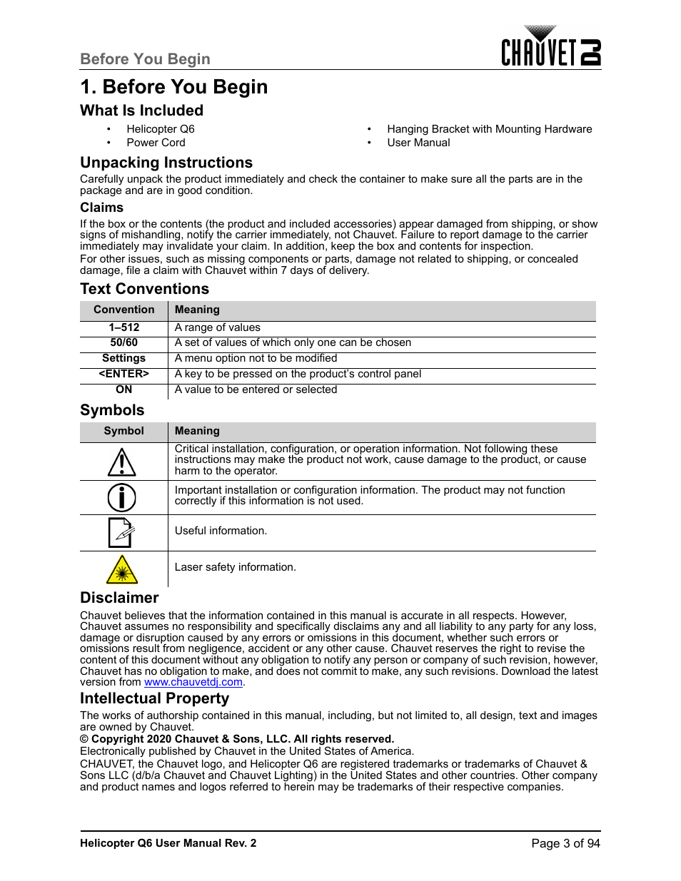 Before you begin, What is included, Unpacking instructions | Claims, Text conventions, Symbols, Disclaimer, Intellectual property, What is included unpacking instructions, Text conventions symbols disclaimer | CHAUVET DJ Helicopter Q6 - Rotating Multi-Effects Light with Laser (RGBW) User Manual | Page 9 / 100