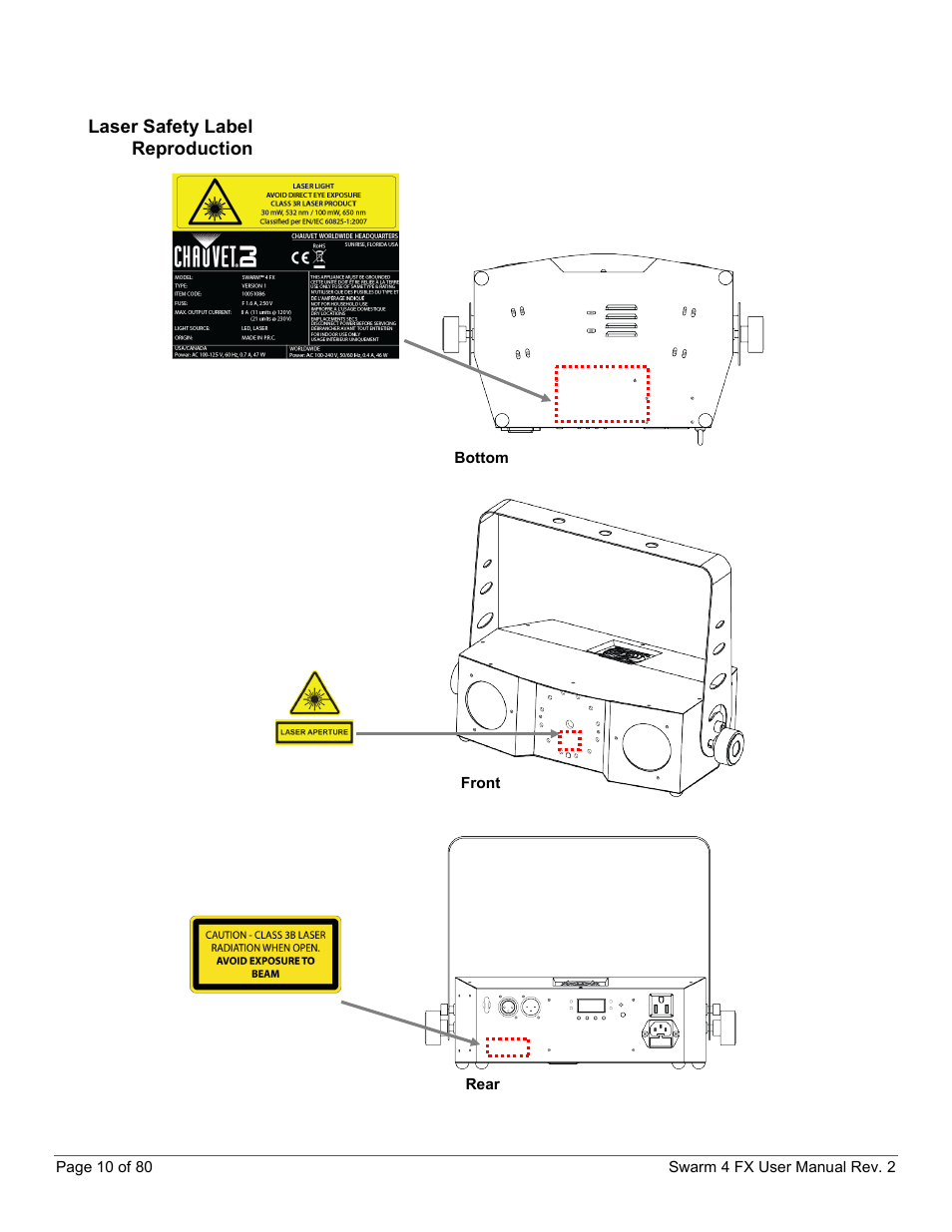 Laser safety label reproduction | CHAUVET DJ Swarm 4 FX 3-In-1 LED User Manual | Page 10 / 80