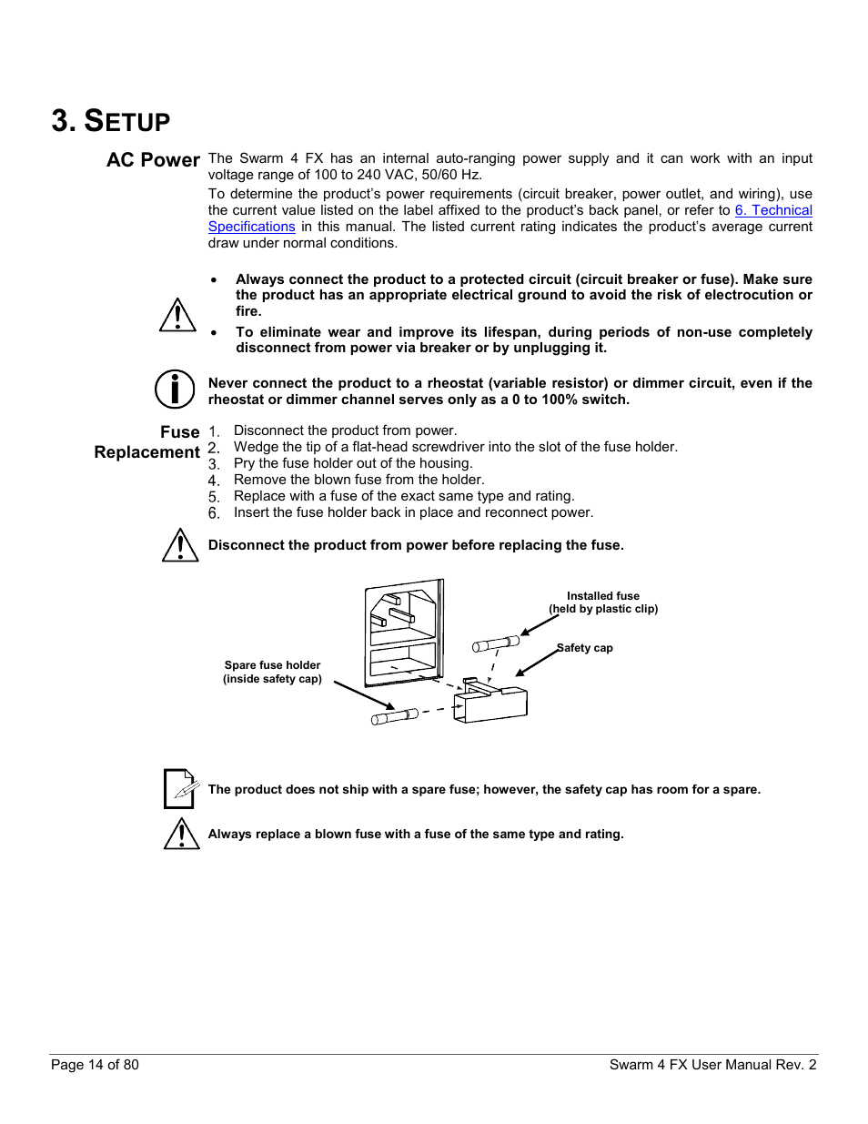 Setup, Ac power, Fuse replacement | Etup | CHAUVET DJ Swarm 4 FX 3-In-1 LED User Manual | Page 14 / 80