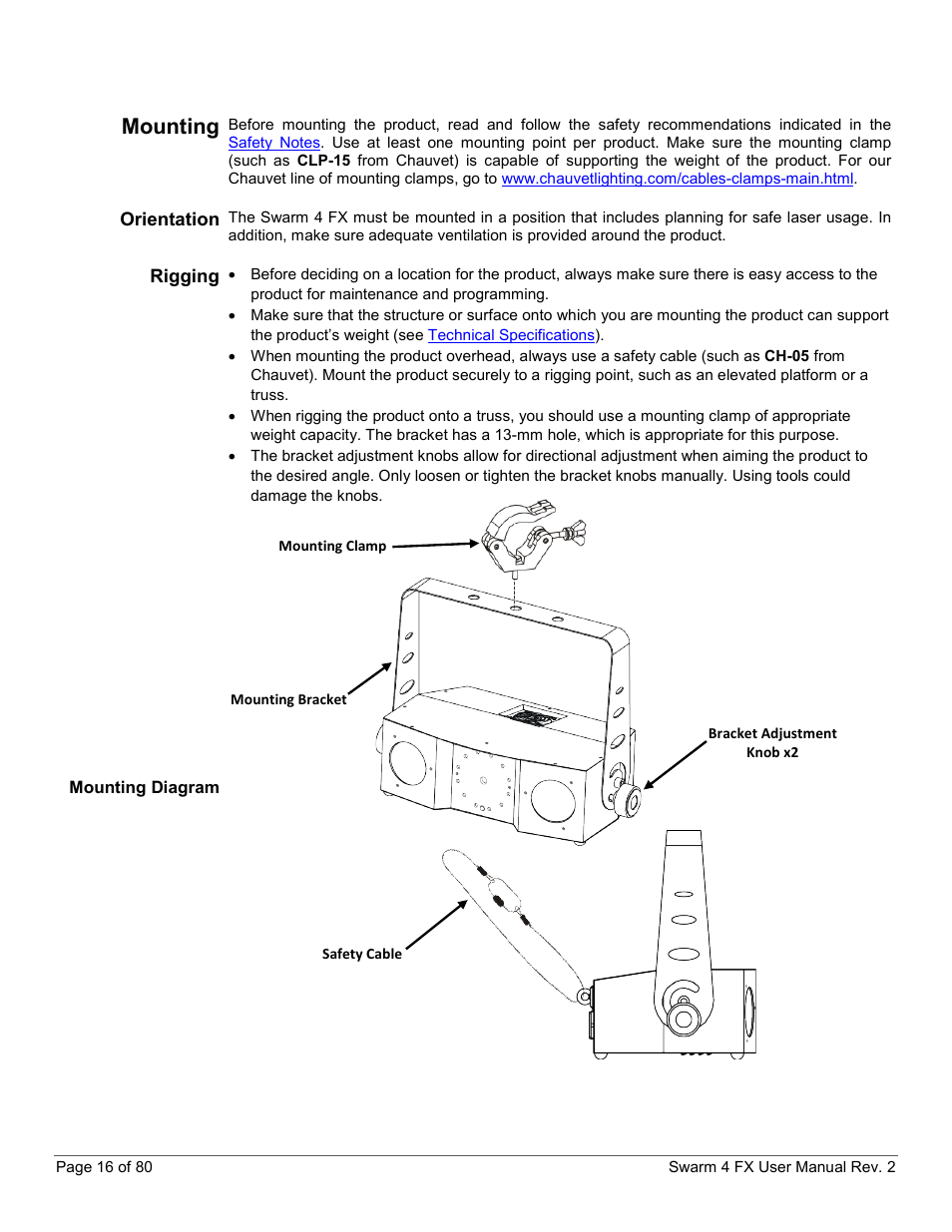 Mounting, Orientation, Rigging | Mounting diagram | CHAUVET DJ Swarm 4 FX 3-In-1 LED User Manual | Page 16 / 80