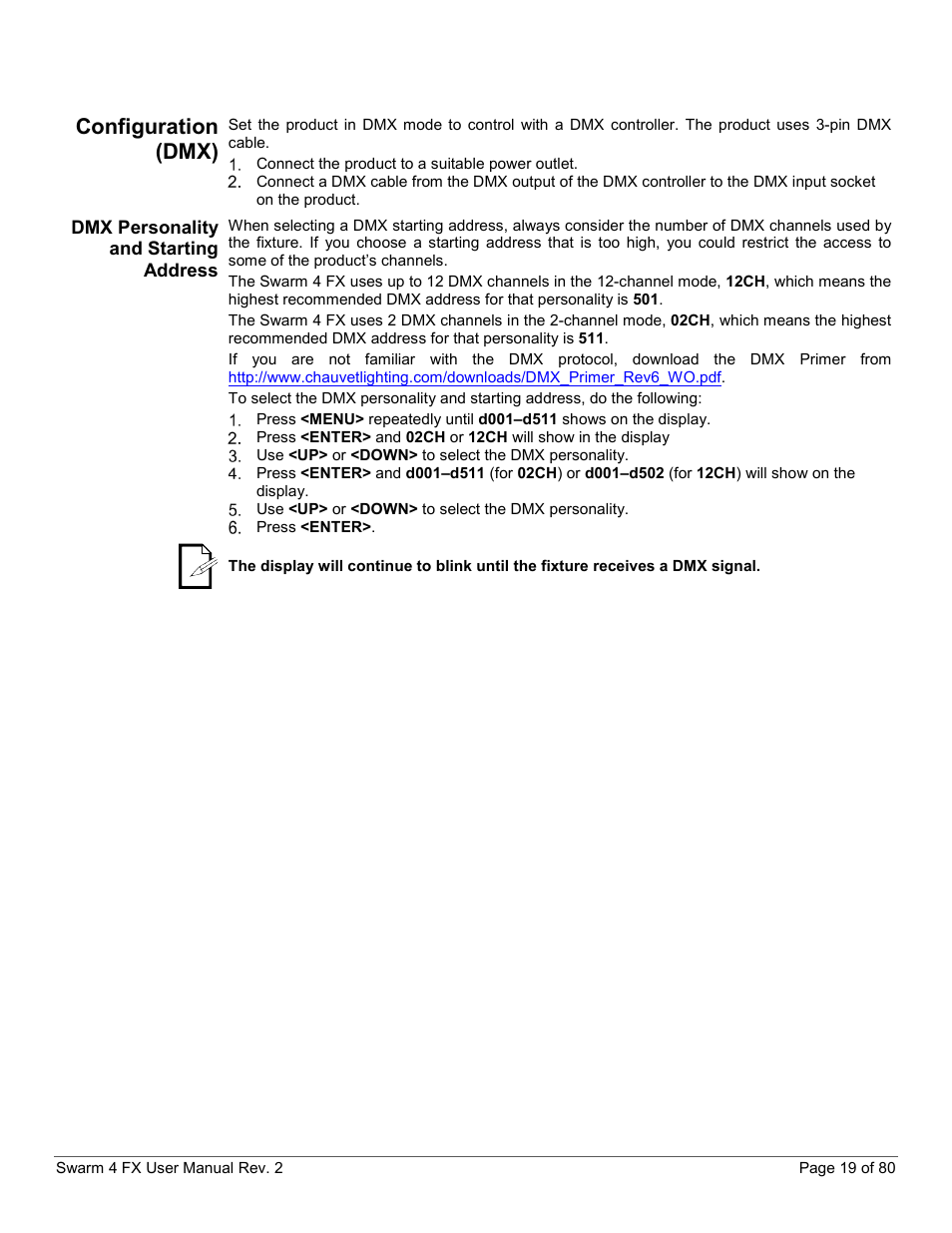 Configuration (dmx), Dmx personality and starting address | CHAUVET DJ Swarm 4 FX 3-In-1 LED User Manual | Page 19 / 80