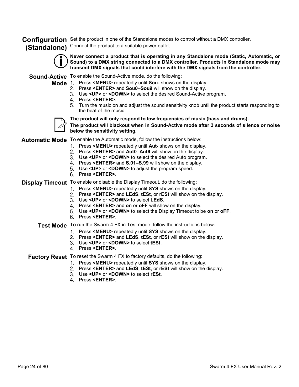 Configuration (standalone), Sound-active mode, Automatic mode | Display timeout, Test mode, Factory reset | CHAUVET DJ Swarm 4 FX 3-In-1 LED User Manual | Page 24 / 80