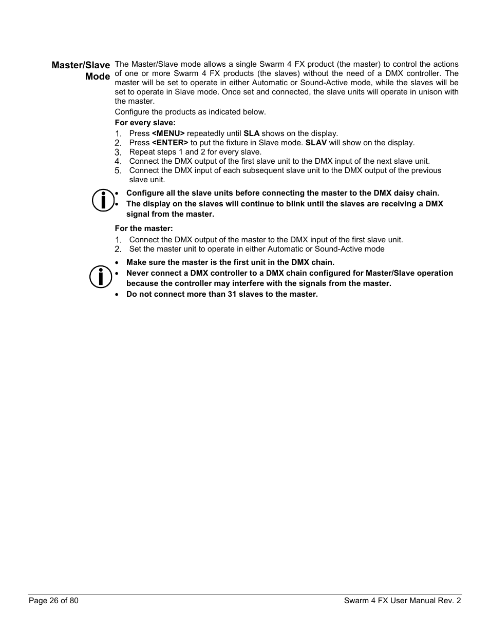Master/slave mode | CHAUVET DJ Swarm 4 FX 3-In-1 LED User Manual | Page 26 / 80
